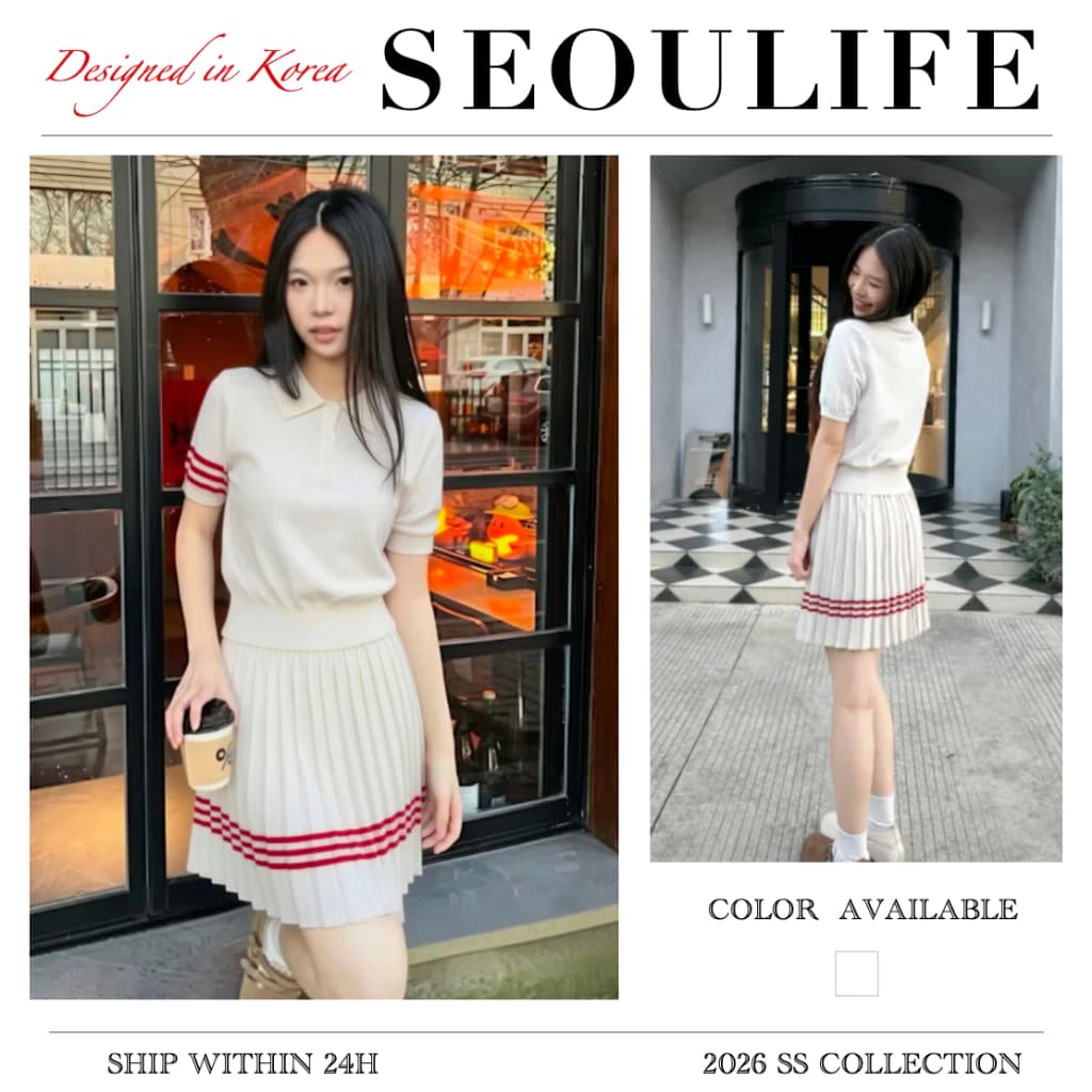 SEOULIFE | Bộ phong cách đại học Hàn Quốc, áo ngắn tay cổ Polo, váy xếp ly chữ A, váy set trẻ trung và tràn đầy năng lượng , ,set váy nữ .
