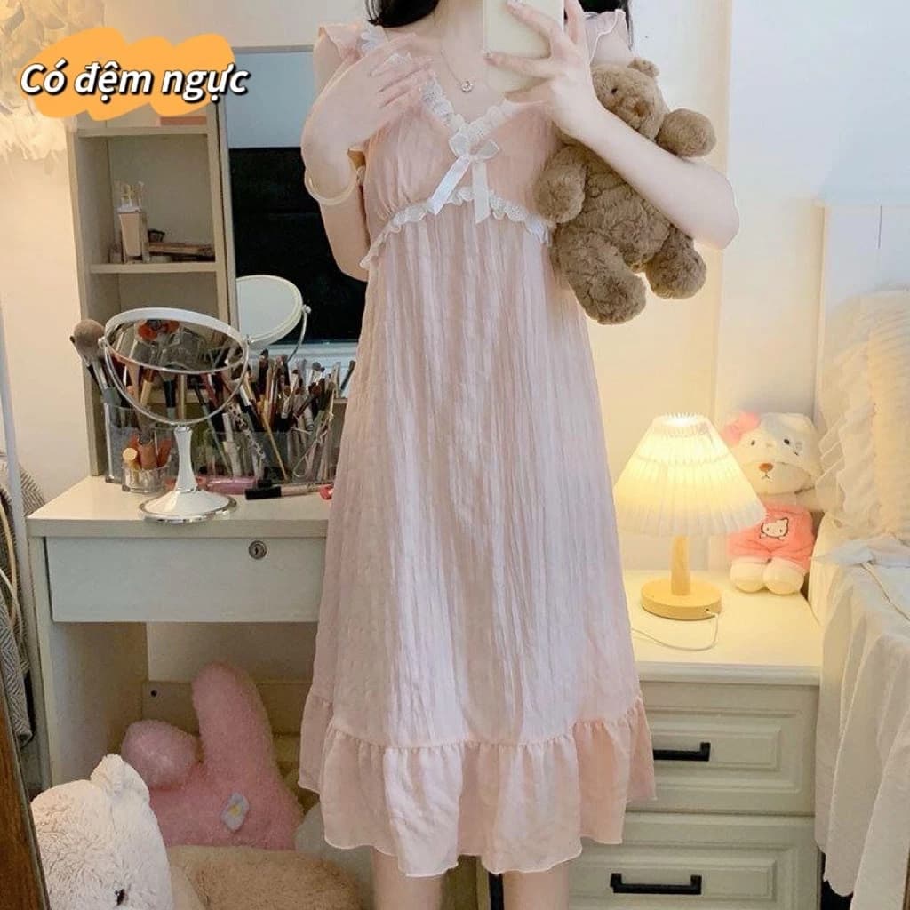 【Cotton nguyên chất - Có độn ngực】 Váy ngủ mùa hè mới nhất - Viền ren hoa xinh xắn - Phong cách công chúa ngọt ngào - Dáng dài thướt tha - Đồ ngủ tại nhà sang trọng - Mẫu hot bán chạy - Free ship ✅ Giao hàng trong ngày