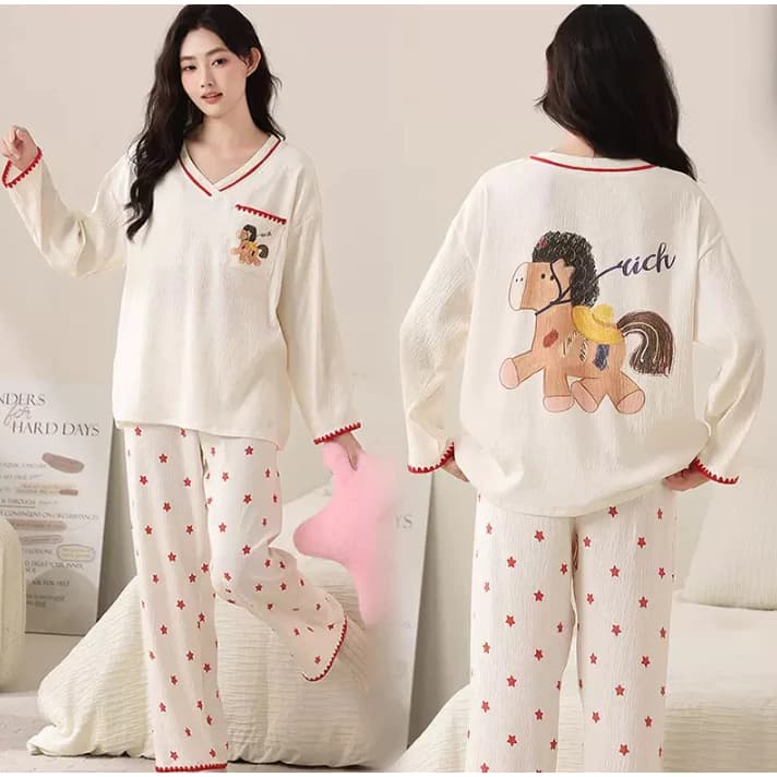 Bộ đồ ngủ phong cách thoải mái dễ thương cho nữ – Mùa xuân hè – Thiết kế Hàn Quốc đơn giản, dễ thương – Chất Cloud Cotton mềm mại – Áo dài tay + quần dài – Mặc nhà cực êm