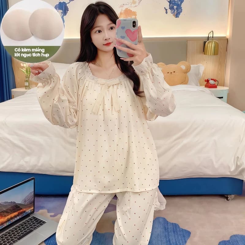 Bộ đồ ngủ Cloud Cotton in hoa, có đệm ngực – Phong cách công chúa ngọt ngào – Tay dài + quần dài – Mùa xuân thu – Mặc nhà dễ thương, thoải mái