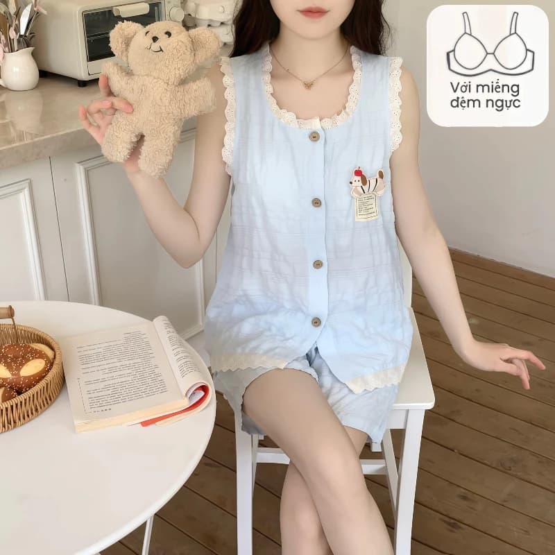 Bộ đồ ngủ có đệm ngực cho nữ – Mùa hè – In hình chó con dễ thương – Áo dây quai không tay, chất Cloud Cotton – Có thể mặc ở nhà hay đi chơi – Bộ mặc nhà thoải mái