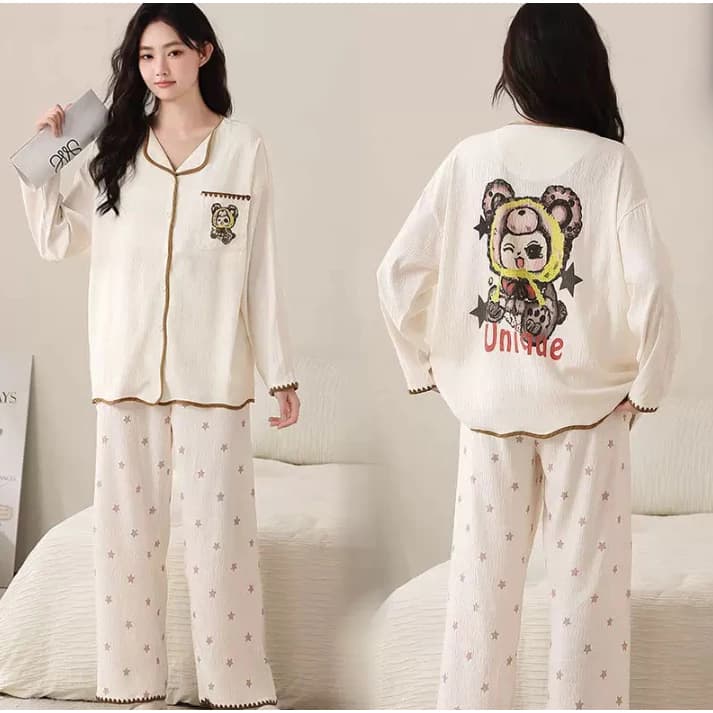 Bộ đồ ngủ mùa thu 2026 – Chất cotton nguyên chất mềm mịn – Thiết kế Hàn Quốc đơn giản nhưng dễ thương – Họa tiết hoạt hình bắt mắt – Áo dài tay + quần dài, mặc ở nhà hay đi ngủ đều thoải mái