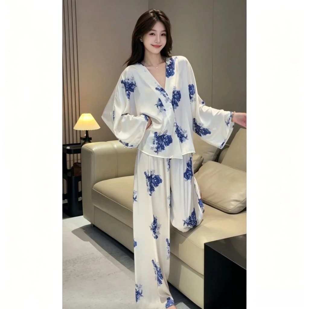 TEEFENG Bộ Đồ Ngủ Nữ Cao Cấp Lụa Phong Cách Sang Trọng In Hoa Dài Tay Mùa Hè Homewear