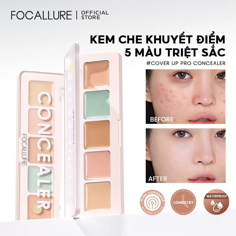 Bảng phấn che khuyết điểm FOCALLURE 5 màu độ che phủ cao dễ tán trọng lượng nhẹ 4.3g