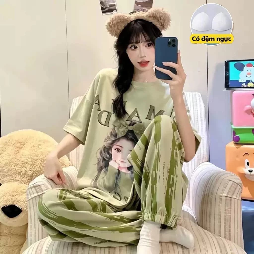 【100% Cotton - Có độn ngực】Bộ đồ ngủ mùa hè mới nhất - Áo ngắn tay + quần dài - Dáng rộng thoải mái - Phong cách dễ thương, ngọt ngào - Đồ ngủ tại nhà thoải mái - Mẫu hot bán chạy - Free ship ✅ Giao hàng trong ngày