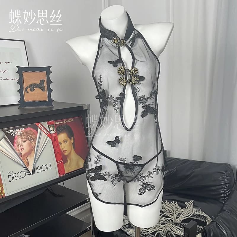 Gợi Cảm Gạc Gợi Cảm Nhìn Xuyên Sườn Xám Mượt Khe Đồng Phục Thêu Phù Hợp Với Cám Dỗ Sang Trọng Bộ Đồ Ngủ