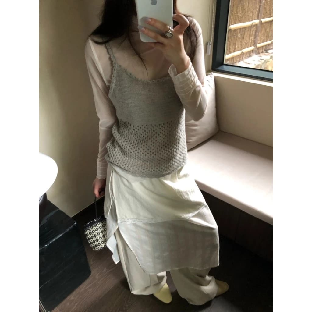 [Seeyou studio] Hàng mới về mùa thu phong cách Hàn Quốc Lưới xếp tầng cổ cao + Bộ Cami đan đa năng móc ren cho nữ 6746 + 6775