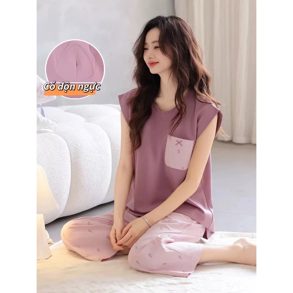 【Có độn ngực】Bộ đồ ngủ mùa hè mỏng nhẹ - Áo ngắn tay + quần 7 phần - Phong cách thời trang, dịu dàng, thanh lịch - Mẫu hot bán chạy - Free ship ✅ Giao hàng trong ngày