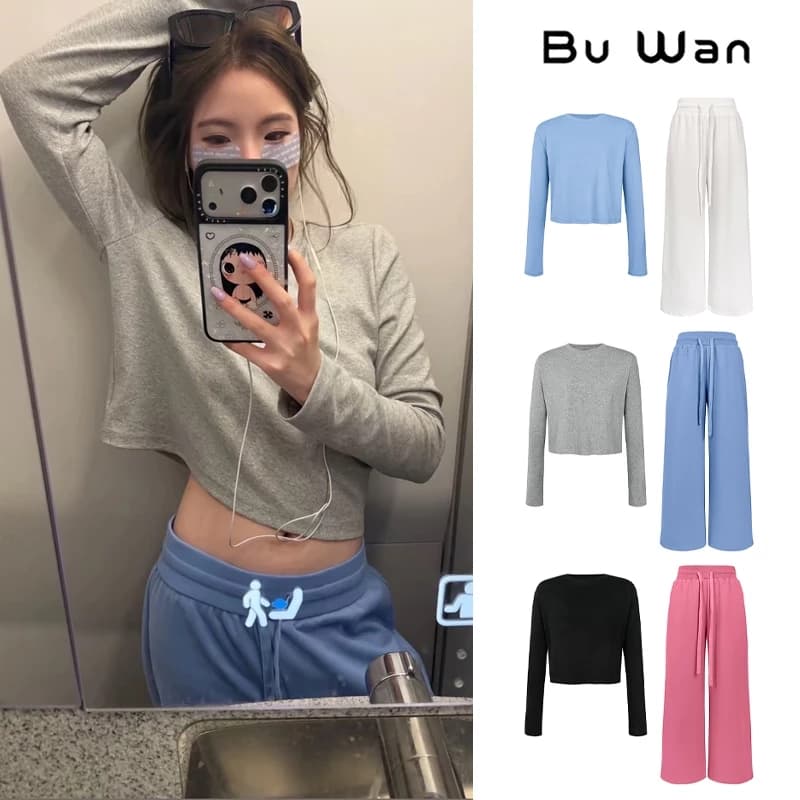 [Seeyou studio] Áo thun dài tay cổ tròn cắt cổ tròn lấy cảm hứng từ Jennie & Quần nỉ thông thường cơ bản 6730 + 6731
