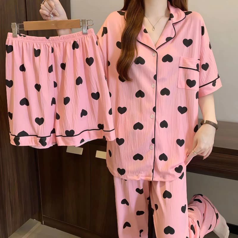 Bộ đồ ngủ 3 món nữ mùa hè – Tay ngắn, chất vải nhăn – Họa tiết trái tim xinh – Mặc nhà mát mẻ, dễ thương