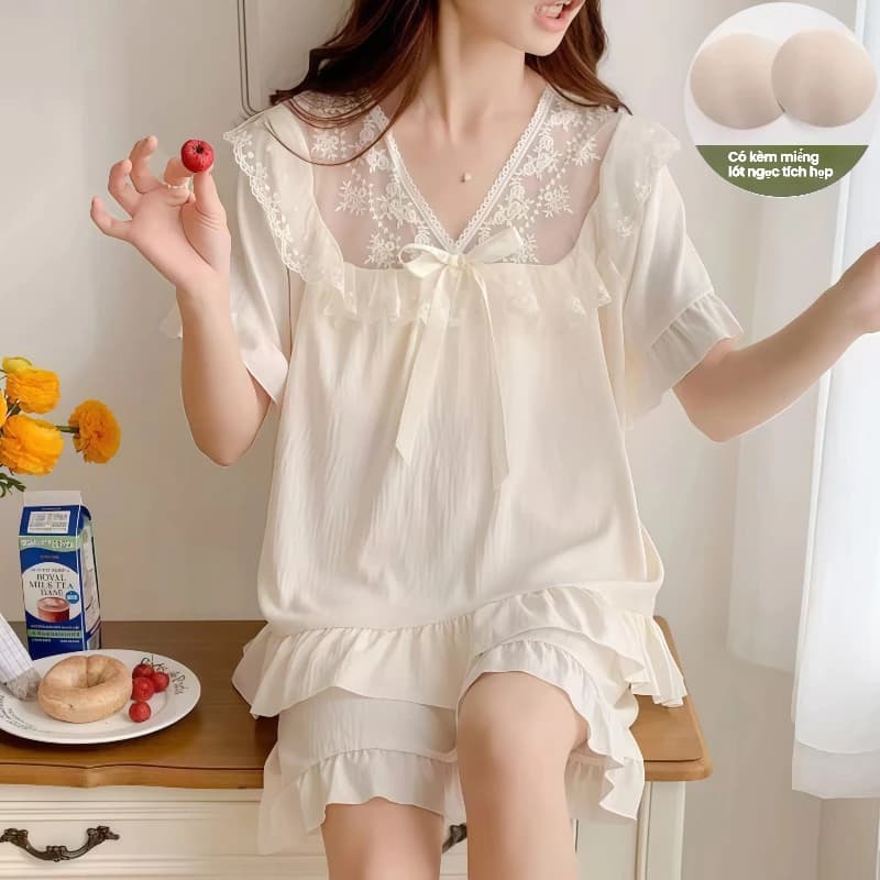 Bộ Đồ Ngủ Phong Cách Công Chúa Nữ Mùa Hè Ngắn Tay Quần Short Dễ Thương ins Phong Cách Lụa Gạc Phong Cách Mới Rời Ngọt Ngào Nhà