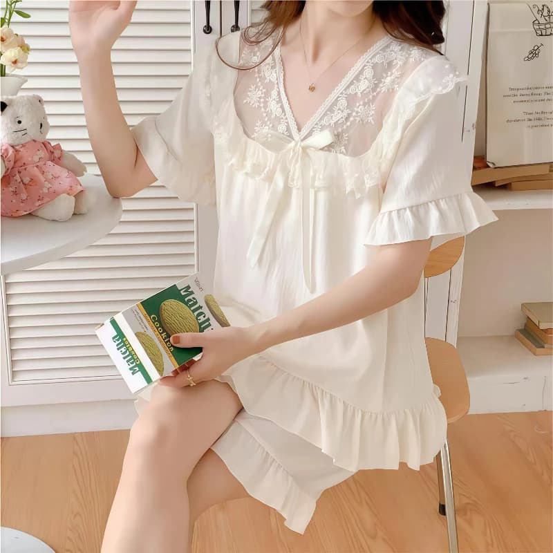 Bộ Đồ Ngủ Ren Mùa Hè Nữ Có Miếng Lót Ngực Quần Short Tay Ngắn Phong Cách Công Chúa Loungewear Set