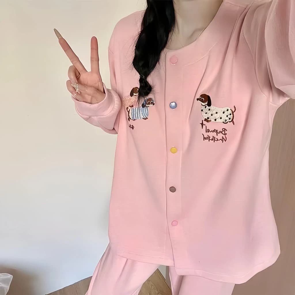 Hoạt Hình Dachshund Kết Cấu Cao Cấp Bộ Đồ Ngủ Nữ Xuân Thu 2026 Phong Cách Mới Cotton Nguyên Chất Dài Tay Quần Bộ Đồ Ngủ