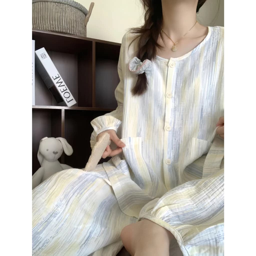 Bộ Đồ Ngủ 100% Cotton Nữ Xuân Thu Phong Cách Áo Cardigan Dài Tay Có Thể Mặc Bên Ngoài Cổ Tròn Thường Ngày Có Miếng Lót Ngực Loungewear Bộ Đồ Hai Mảnh