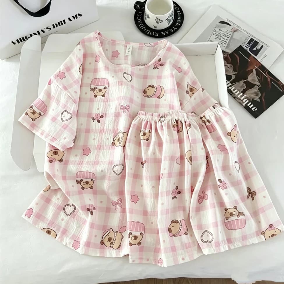Đồ ngủ nữ kiểu Xuân Thu - thiết kế đơn giản dễ thương, họa tiết in hoạt hình, chất liệu cotton nguyên chất thoáng khí, phù hợp mặc ở nhà hoặc ra ngoài.