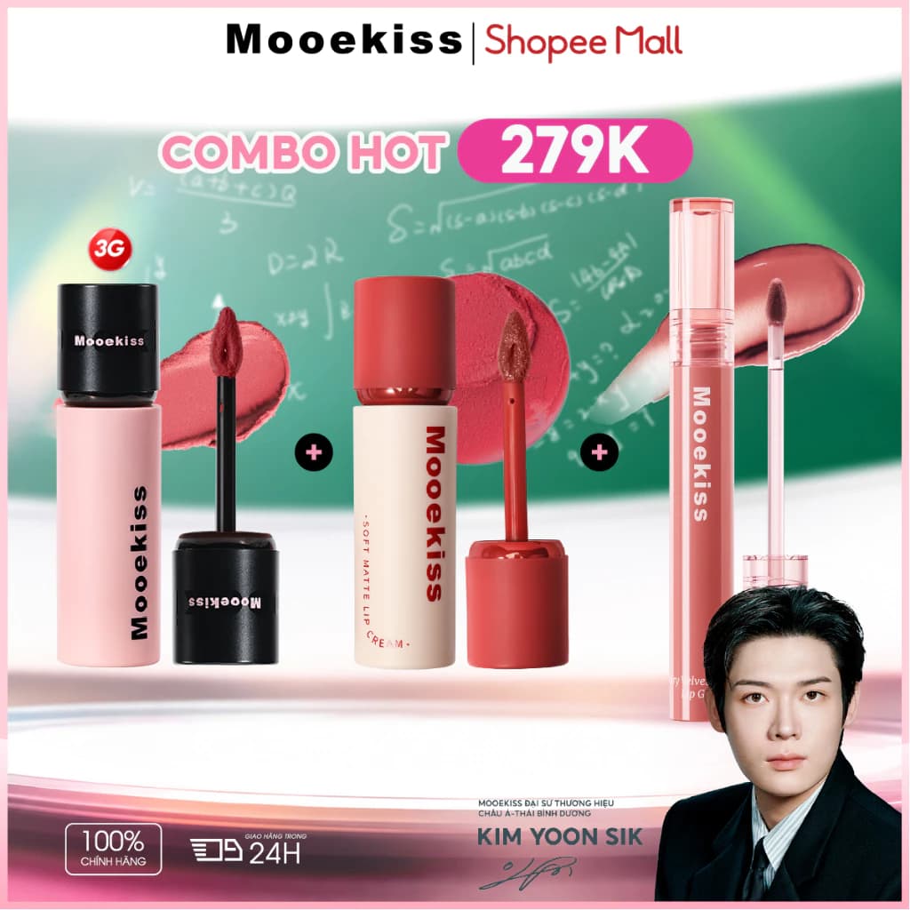 [LIVE COMBO 3] Mooekiss Soft Mist Lip Mud 3g + Water Light Mirror Lip Glaze + Velvet Lip Cream, Dưỡng ẩm và Không dính vào Son kem thủy tinh