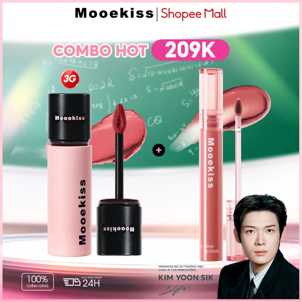 [LIVE COMBO 2] Son môi sương mù mềm Mooekiss 3g + Son bóng gương ánh sáng nước, dưỡng ẩm và không dính vào Son môi thủy tinh