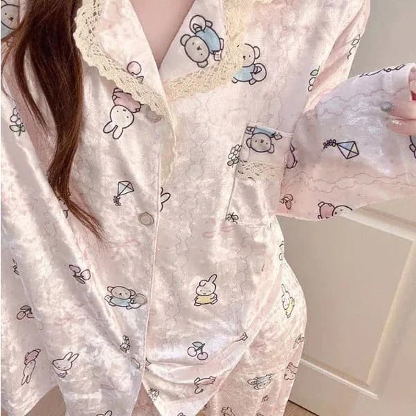 Bộ Đồ Ngủ Nhung Vàng Nữ Dễ Thương Nhật Bản Hoạt Hình Nhung Mỏng Dài Tay Ấm Áp Homewear