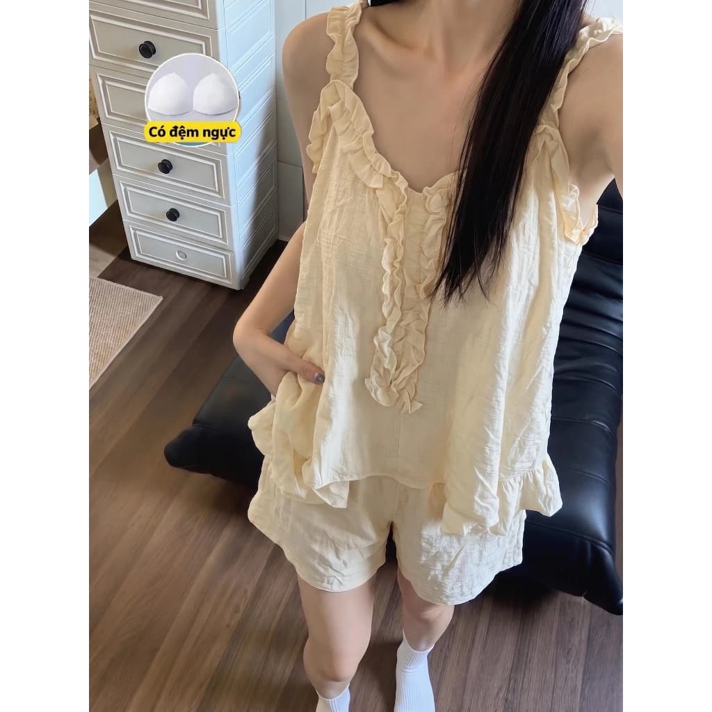 Phong Cách Hàn Quốc Ngọt Ngào Gợi Cảm Dễ Thương Ren Sling Bộ Đồ Ngủ Loungewear