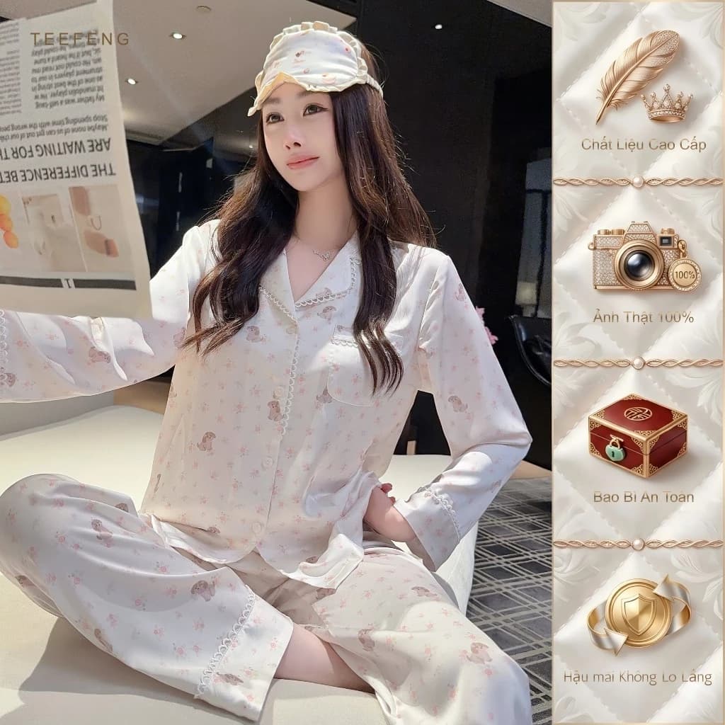 TEEFENG Bộ Đồ Ngủ Nữ Lụa Cao Cấp Ren Viền Phong Cách Dễ Thương In Hình Dài Tay Loungewear