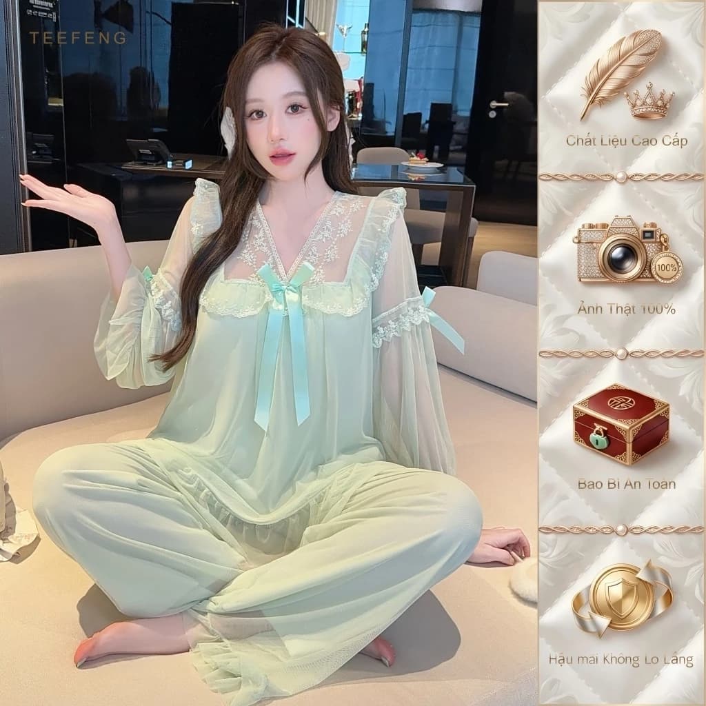 TEEFENG Đồ Ngủ Nữ Vải Lưới Mềm Phong Cách Sang Trọng Tay Dài Miếng Lót Ngực Mùa Thu Mặc Nhà