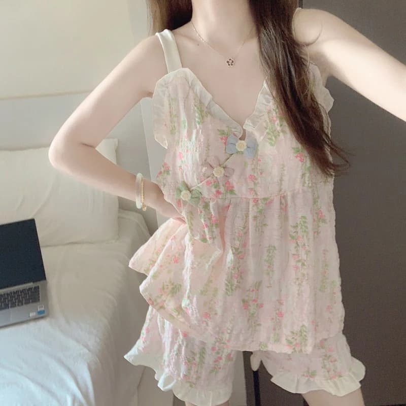 Đồ ngủ bộ nữ🌸đồ ngủ 2 dây🌸Đồ ngủ nữ có mút ngực Bông mây Mùa Hè Thoáng Mát Hàn quốc Dễ thương