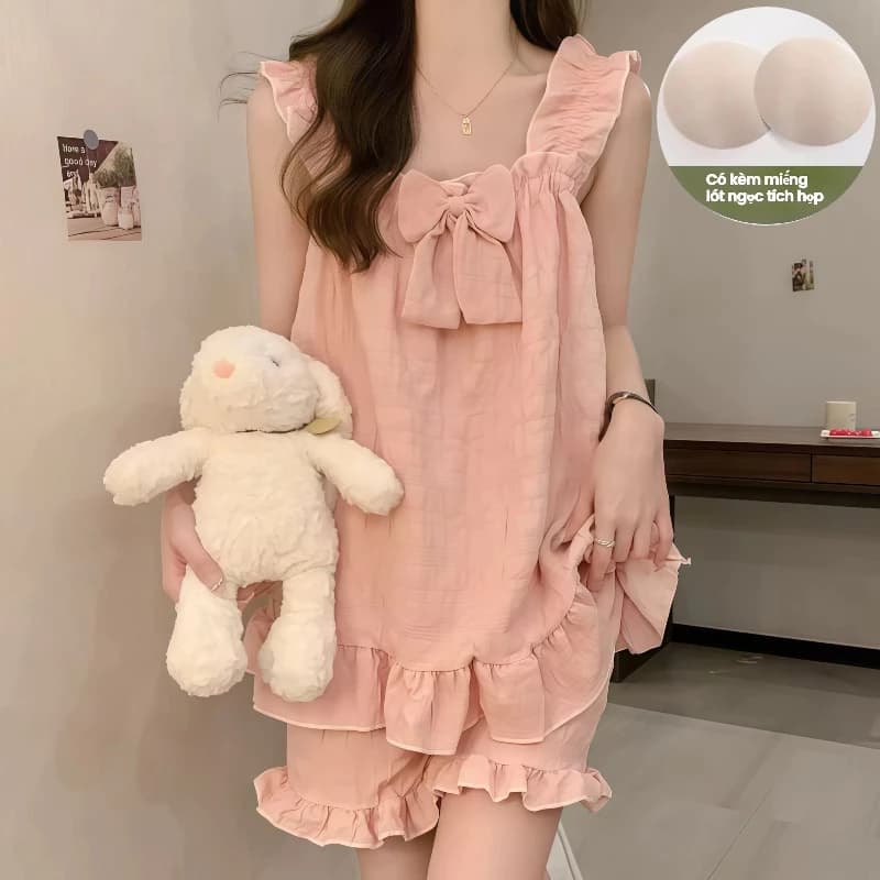 Bộ đồ ngủ mùa hè cho nữ – Màu đơn sắc sang trọng – Áo dây quai – Chất Cloud Cotton mềm mại – Có đệm ngực – Phong cách công chúa ngọt ngào, dễ thương – Mặc nhà mát mẻ, thoải mái – Mẫu mới 2026