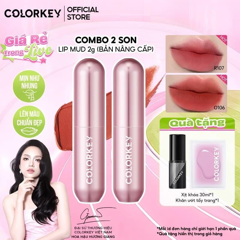 COMBO - Son Kem Bùn COLORKEY Phiên Bản Mới Chất Son Mềm Mịn, Dễ Tán, Che Vân Môi Tốt 2g