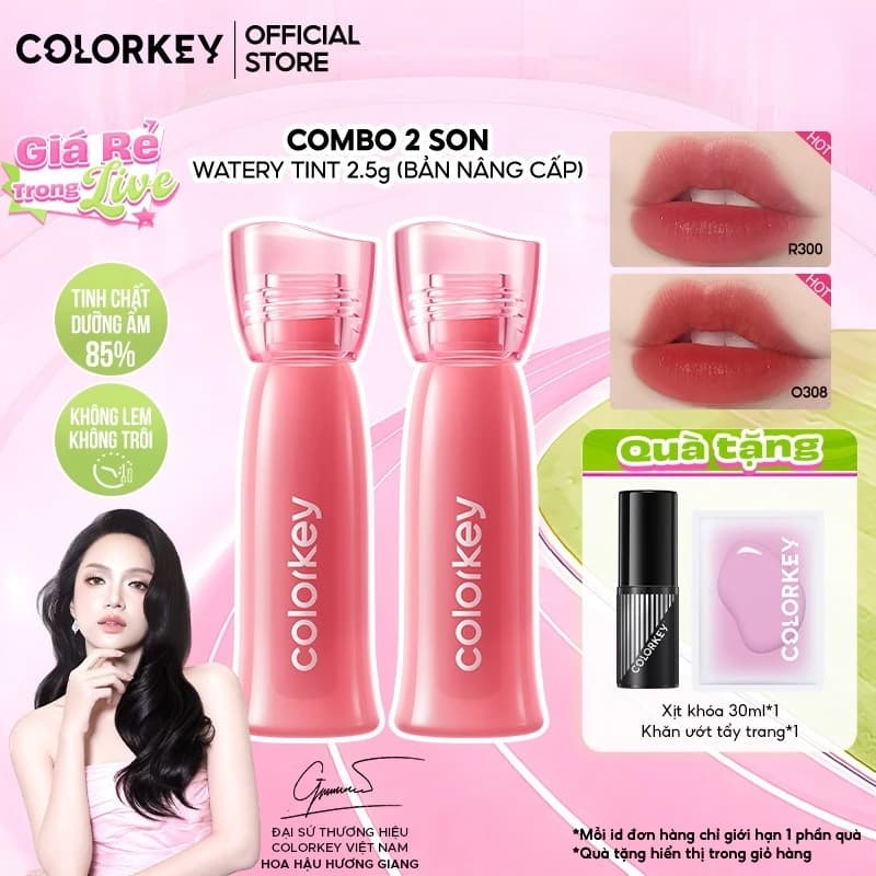 COMBO - Son COLORKEY Watery Tint Phiên Bản Mới, Bền Màu Lâu Trôi, Không Dính Cốc 2.5g