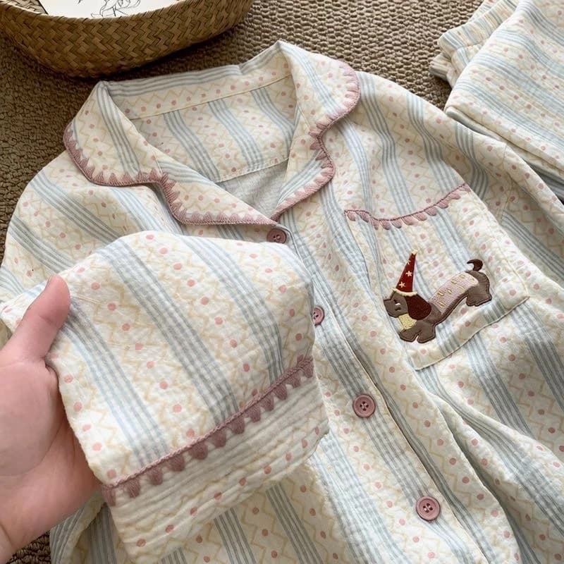 Bộ đồ ngủ cardigan hoạt hình chặn màu sắc dành cho nữ quần dài tay ngọt ngào