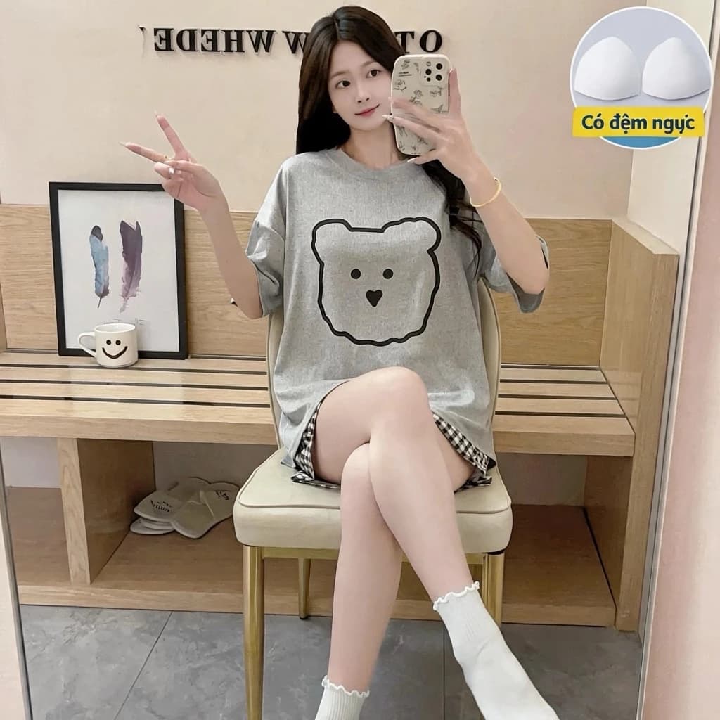 【Hàng khuyến mãi】Bộ đồ ngủ mặc nhà phong cách Hàn Quốc ngọt ngào, chất liệu cotton mềm mại có đệm ngực, bán chạy mùa hè.