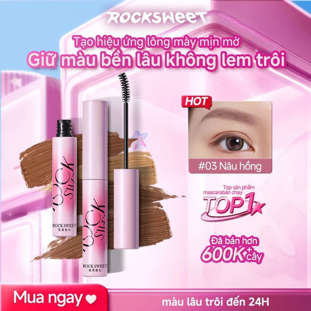 ROCKSWEET RS Mascara Lông Mày – Nhung Mỏng Và Bền, Có Lông Mày Hoang Dã, Lông Mày Bền, Màu Cà Phê Sữa, Chống Bẩn