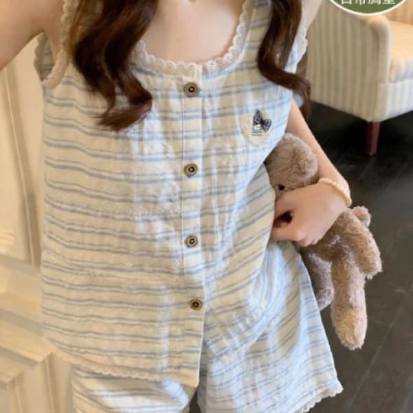 Mây Cotton Bộ Đồ Ngủ Nữ Mùa Hè Mỏng Phong Cách Có Miếng Lót Ngực Áo Quần Short Hoạt Hình Dễ Thương Loungewear Set
