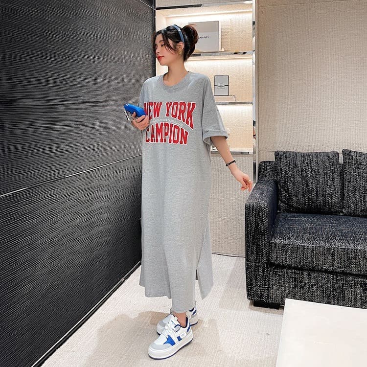 Cotton Nguyên Chất Plus Kích Thước Áo Thun Đầm Mùa Hè 2026 Phong Cách Lười Độc Đáo In Chữ Giữa Chiều Dài Chia Đầm Rời