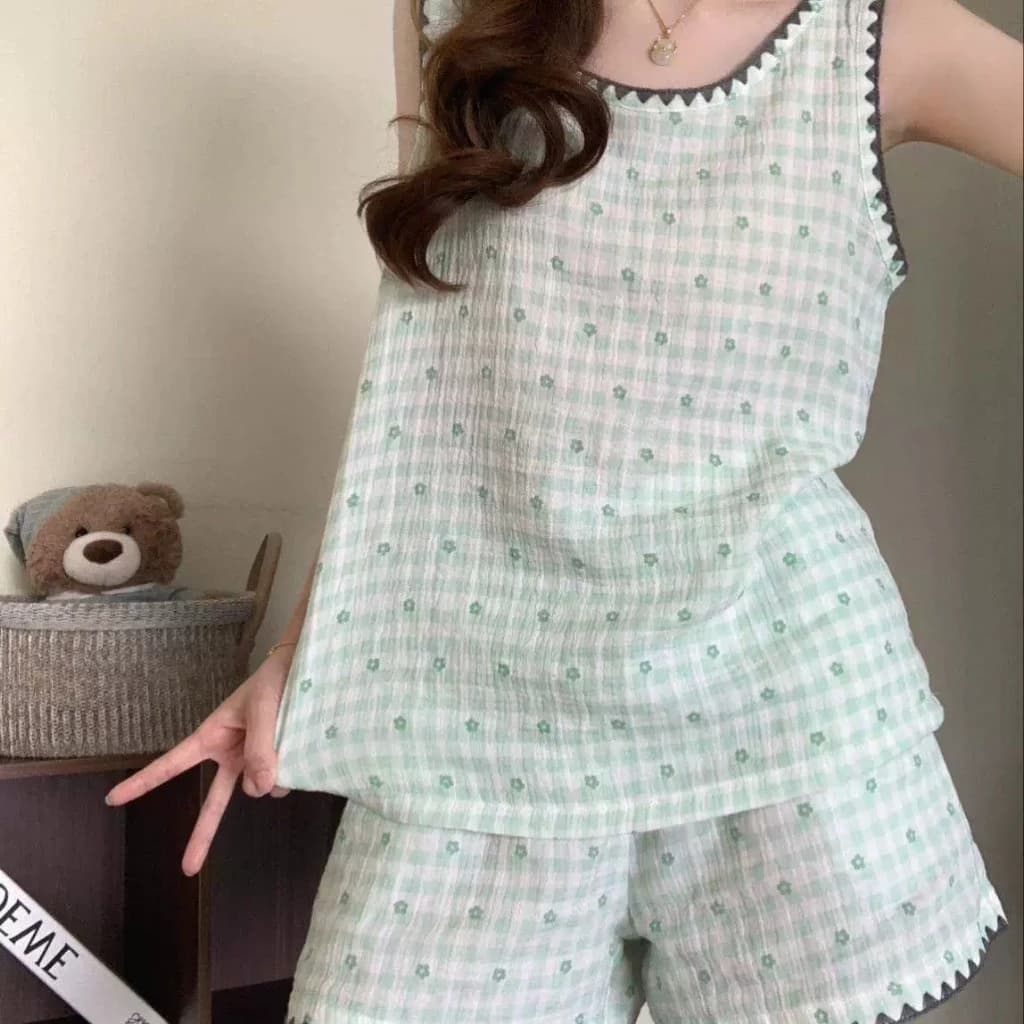 2026 Phong Cách Mới Ngọt Ngào Cotton Gạc Áo Bộ Đồ Ngủ Nữ Mùa Hè 100 Cotton Rời Tay Quần Short Phù Hợp Với Loungewear