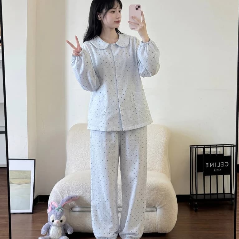 Bé Gái Đơn Giản Màu Xanh Chấm Bi Mùa Xuân Thu Bộ Đồ Ngủ Cotton Nguyên Chất Quần Dài Tay Mùa Thu 2026 Phong Cách Mới Cổ Búp Bê Homewear