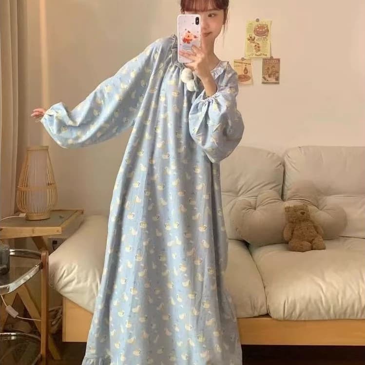 Mới Váy Ngủ Nữ Xuân Thu Cotton Nguyên Chất Dài Tay Dễ Thương Cotton Chải Flannel Thu Đông Dài Bộ Đồ Ngủ Đầm Gia Đình Dịch Vụ
