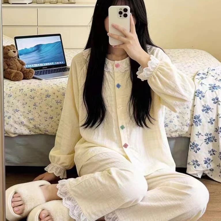 Bộ Đồ Ngủ Phong Cách Công Chúa Ngọt Ngào Nữ Mùa Hè Mây Cotton Có Miếng Lót Ngực Tay Ngắn Phù Hợp Với Phong Cách Mỏng Dịch Vụ Gia Đình Mùa Nữ