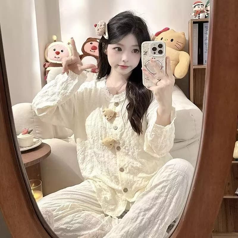 Pháp Nhẹ Nhàng Ngọt Ngào Bộ Đồ Ngủ Nữ Xuân Thu Mây Cotton Có Miếng Lót Ngực Dài Tay Cổ Ca Rô Loungewear Phù Hợp Với