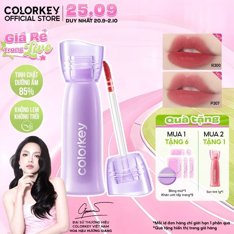 [PHIÊN BẢN GIỚI HẠN] Son Tint Lì COLORKEY Watery Tint Tím May Mắn, Lì Mịn Nhẹ Môi, Dưỡng Ẩm, Bền Màu Lâu Trôi 2.5g