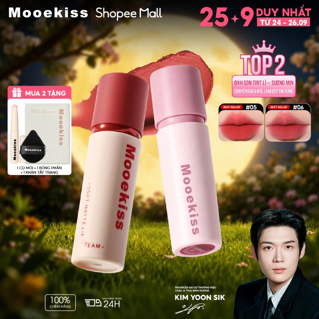 [KOL] Son Kem Lì Mooekiss Matte Velvet Lip Cream, Lâu Trôi, Không Dính Cốc, Mịn Nhẹ, 6 Màu Trẻ Trung 3g [KIM YOON SIK]