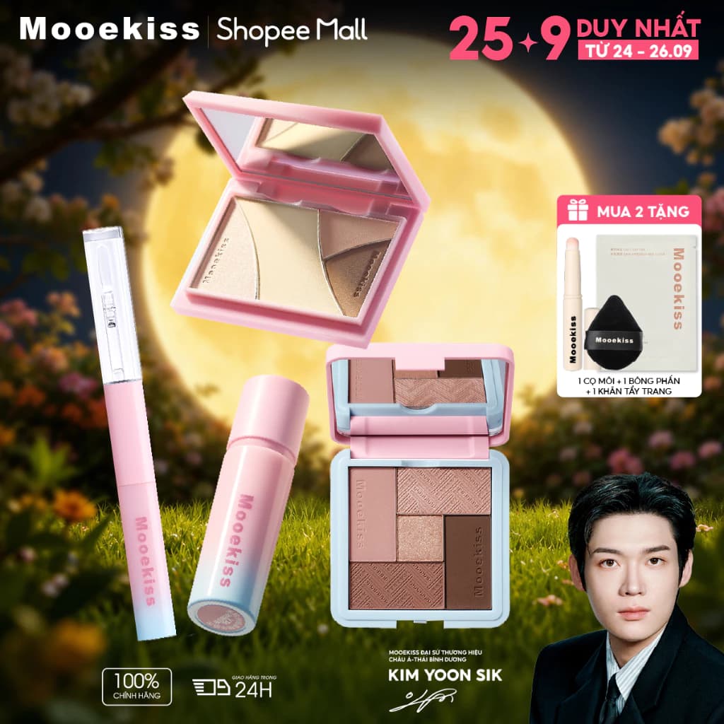 Set Trang Điểm Mooekiss, Son Bùn + Son Bóng + Phấn Mắt + Son 2 Đầu, Full Makeup Cơ Bản [KIM YOON SIK]