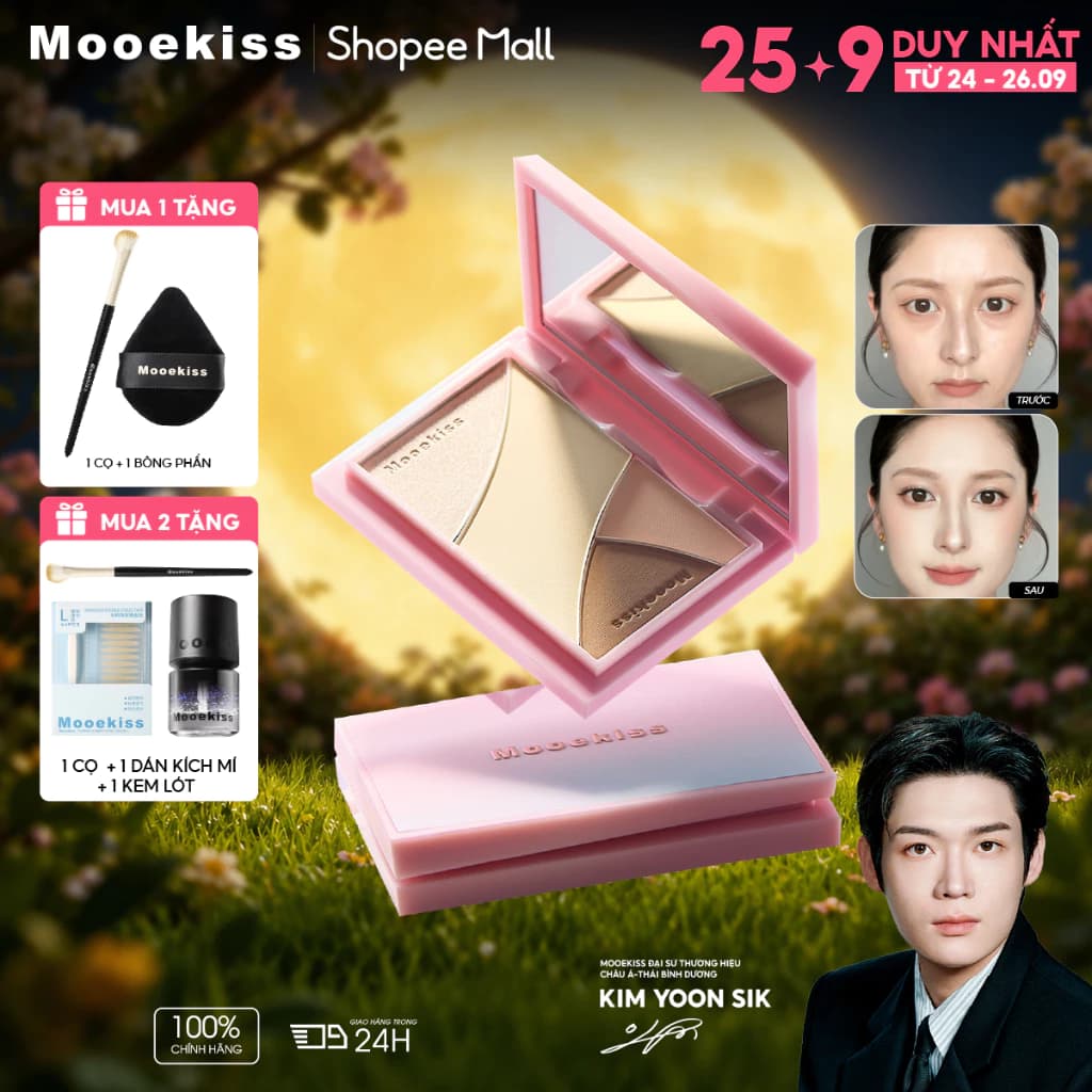 Bảng Tạo Khối Mooekiss 3 Màu 9g, Contour & Highlight, Tạo Sống Mũi, Dễ Tán, Tự Nhiên [KIM YOON SIK]