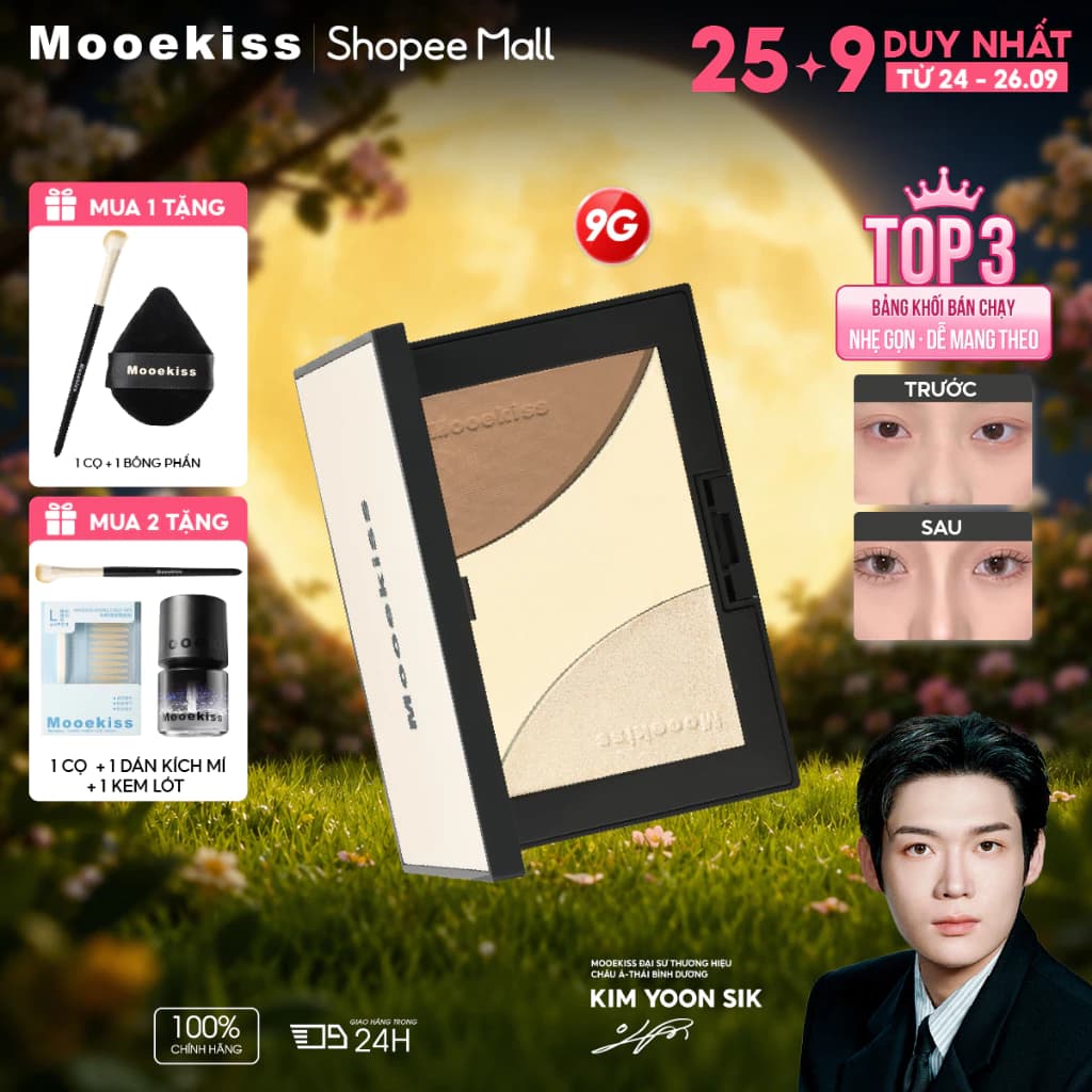 Bảng Tạo Khối & Highlight Mooekiss 3 Màu Mini 9g, Tự Nhiên, Lâu Trôi, Chống Nước, Dễ Tán [KIM YOON SIK]