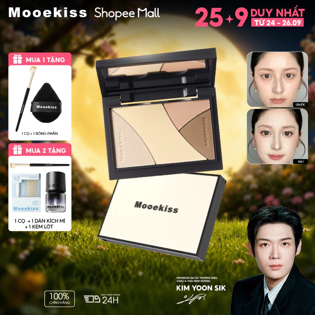 Bảng Tạo Khối Mooekiss Quad Palette, Contour & Highlight, Định Hình Khuôn Mặt, Lâu Trôi [KIM YOON SIK]