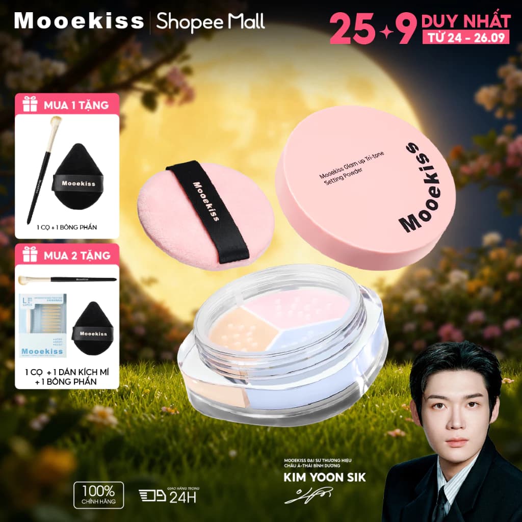 Phấn Phủ Mooekiss 3 Màu, Kiềm Dầu, Chống Nước Mồ Hôi, Lâu Trôi, Bột Mịn, Không Mốc 7.5g [KIM YOON SIK]