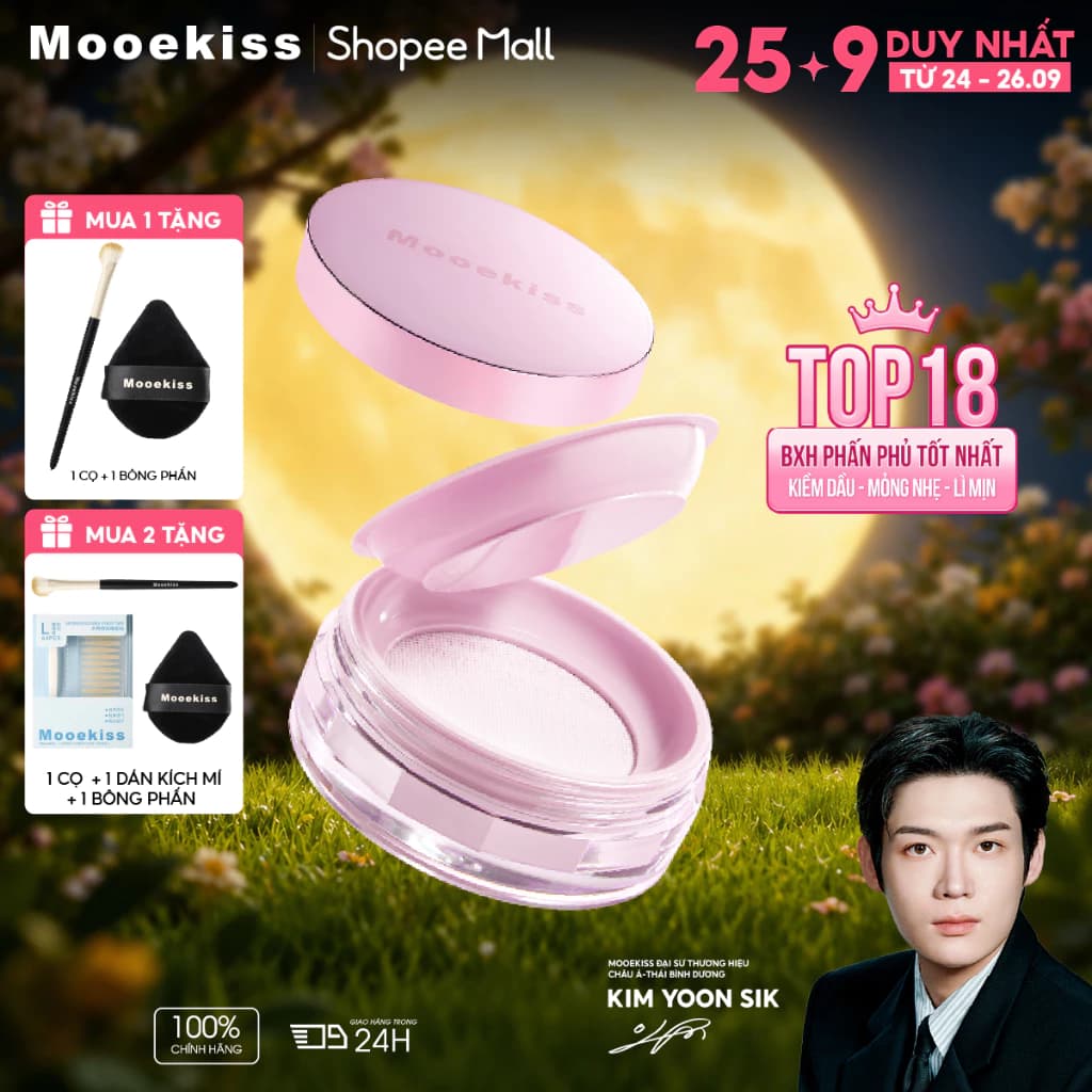 Phấn Phủ Mooekiss, Kiềm Dầu, Khóa Nền, Chống Nước Mồ Hôi, Mịn Nhẹ, Lâu Trôi (Bản Nâng Cấp) 10g [KIM YOON SIK]