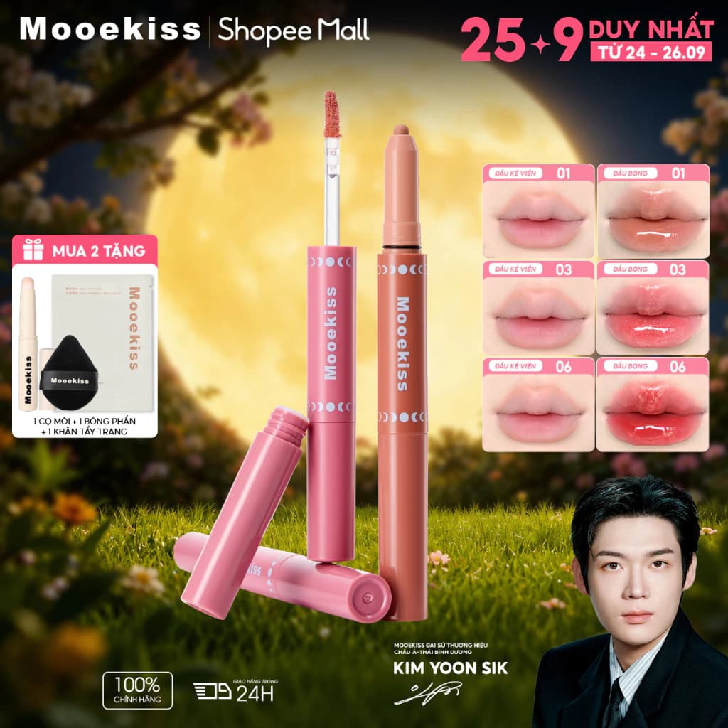 Mooekiss Son 2 Đầu Kẻ Viền Môi + Son Bóng Căng Mọng 2 Trong 1 Làm Đầy Môi Hiệu Ứng Glass Lip Không Lem