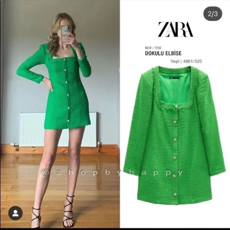 (Size XS) ZARA Đức - Đầm chính hãng auth new tag cao cấp có sẵn sale váy 4661/325 tweed nỉ dạ xanh lá cổ vuông tay dài