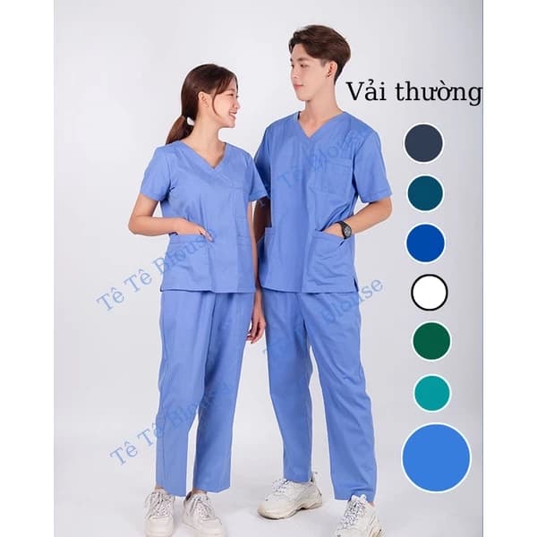 Bộ SCRUBS cổ tim phòng mổ, đồng phục phẫu thuật, Spa, phòng khám, Bác Sĩ, màu XANH LAM - XANH DA TRỜI, chất vải LON mỏng